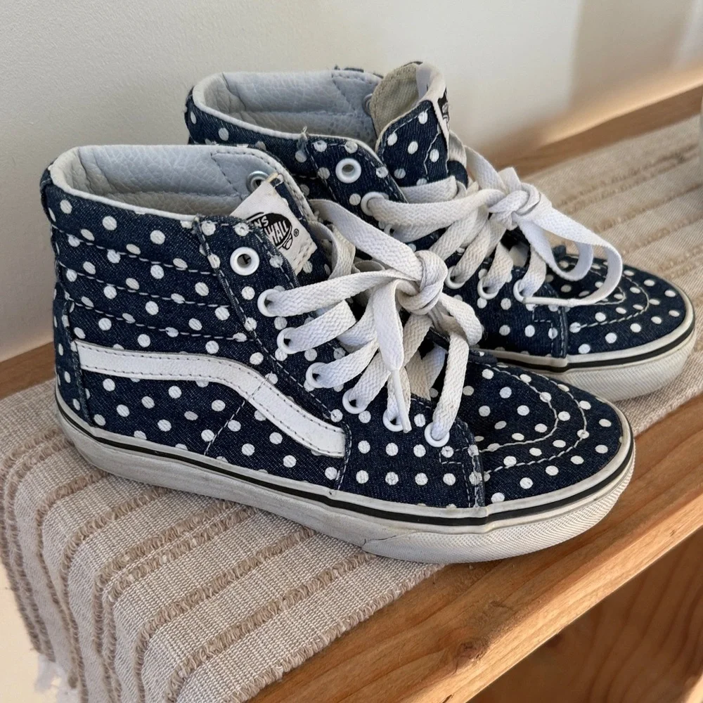 Vans Kids' denim navy and White Polka Dot Sneakers size 1 kids youth high top